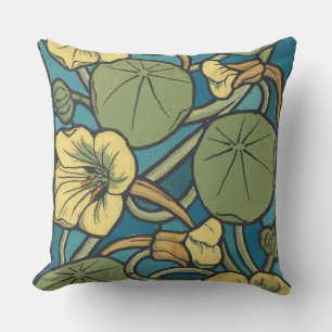 Cojín De Exterior Art Nouveau Nasturtium Floral Verneuil azul dorado