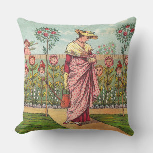 Cojín De Exterior Arte Antiguo Mujer Flor Creciente Jardín