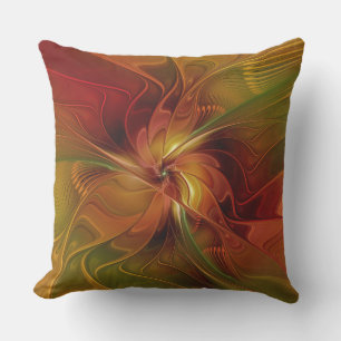 Cojín De Exterior Arte floral fractal abstracto rojo naranja marrón 