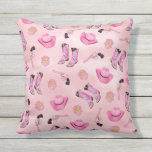Cojín De Exterior Artsy Cute Girone Pink Verde azulado Cowgirl Water<br><div class="desc">¡Sé una vaquera de campo con este divertido y juguetón diseño! Tiene un patrón de ilustracion de vaquera color agua negro, verde menta y rosa chicle, pintado a mano y con neón pintado a mano. Estos elementos incluyen botas de vaquero gorras, revólver y placa del sheriff encima de un fondo...</div>