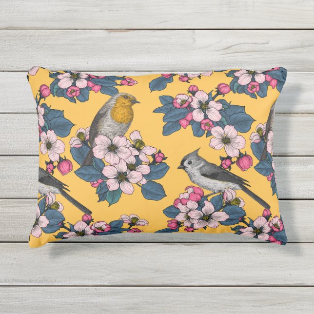 Cojín De Exterior Aves y flores en amarillo (Anverso)