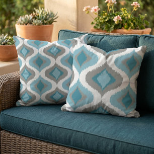 Cojín De Exterior Azul Pizarra Verde Gris Patrón de Caída Ikat Retro