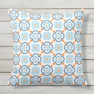 Cojín De Exterior Azulejo Español Mediterráneo Azul Naranja Blanco E