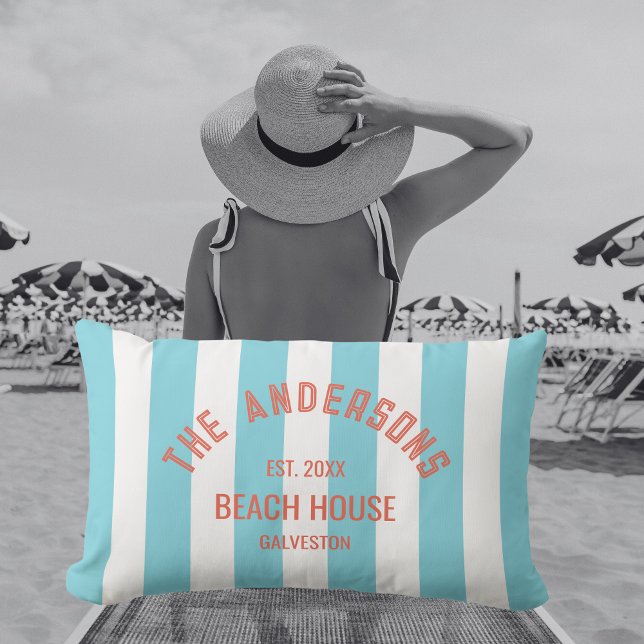 Cojín De Exterior Beach House Custom Name Blue Cabana Stripe (Subido por el creador)