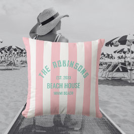 Cojín De Exterior Beach House Custom Name Pink Cabana Stripe