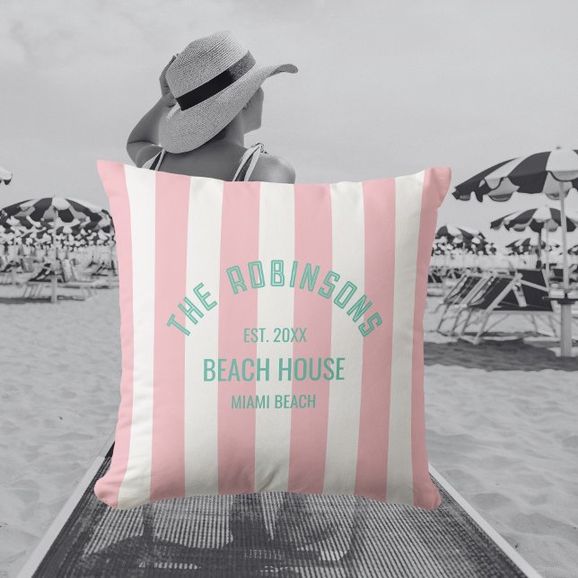 Cojín De Exterior Beach House Custom Name Pink Cabana Stripe (Subido por el creador)