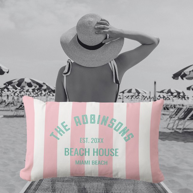 Cojín De Exterior Beach House Custom Name Pink Cabana Stripe (Subido por el creador)
