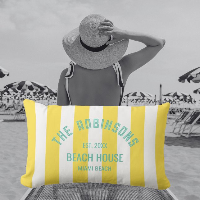 Cojín De Exterior Beach House Custom Name Yellow Cabana Stripe (Subido por el creador)