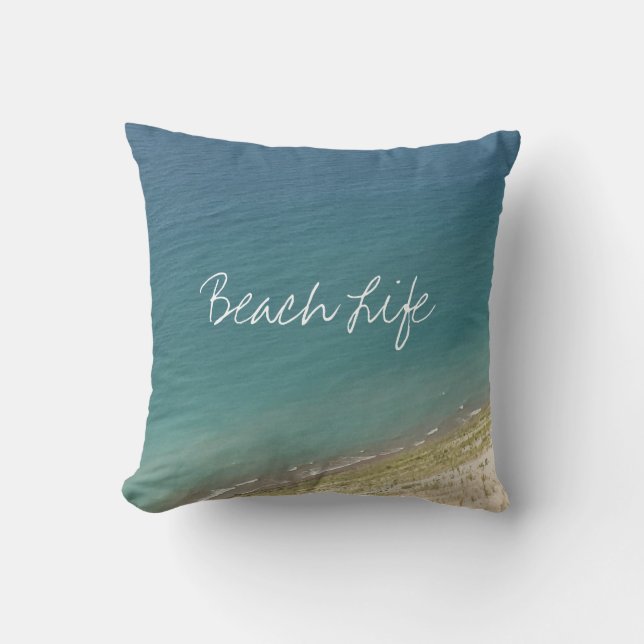 Cojín De Exterior Beach Life Cita Ocean Shore Blue White Cute  (Anverso)