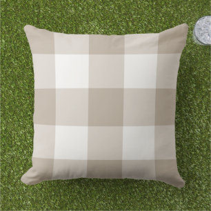 Cojín De Exterior Beige Clásico Cuadros Gingham Blancos Grandes