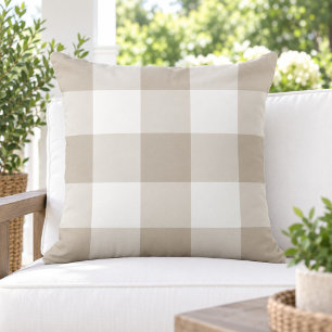 Cojín De Exterior Beige Clásico Cuadros Gingham Blancos Grandes