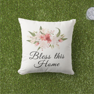 Cojín De Exterior Bendice este hogar Diseño floral de acuarela al ai