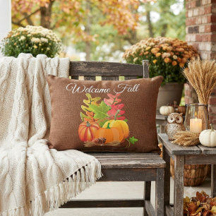 Cojín De Exterior Bienvenido Otoño Naranja Calabaza en Marrón