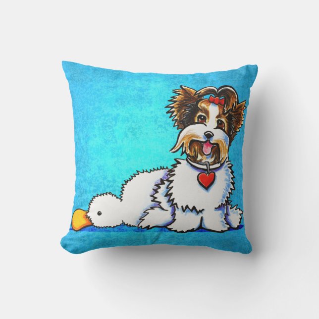 Cojín De Exterior Biewer Yorkie Wanna Play Blue (Anverso)