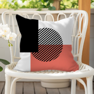 Cojín De Exterior Bloque de color moderno rayado círculo coral negro