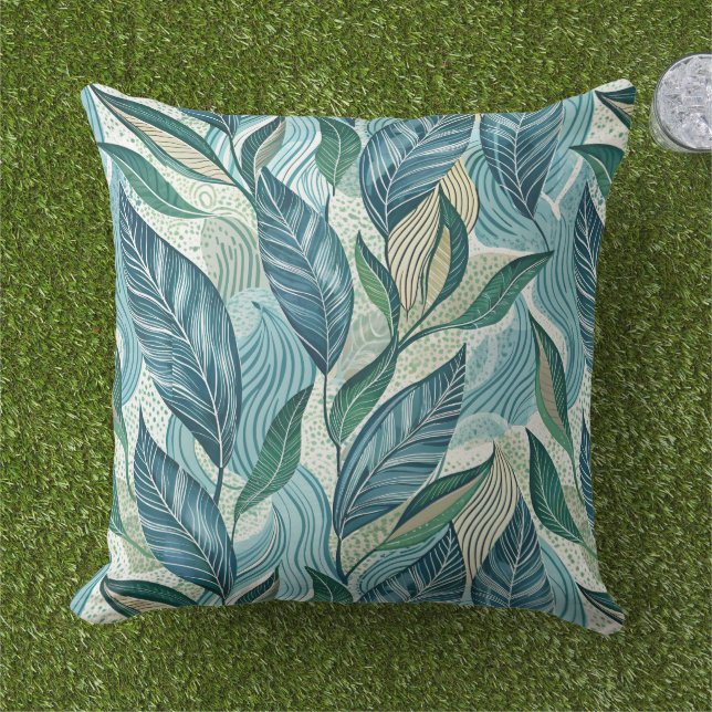 Cojín De Exterior Blue Botanical Wave Modern Pattern (Césped)