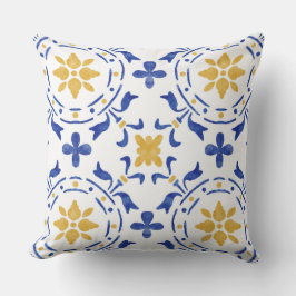 Cojín De Exterior Blue & Gold Mediterranean Throw Pillow