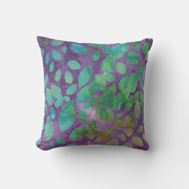 Cojín De Exterior Boho Batik Verde Formas de Hojas Moradas Abstracto (Anverso)