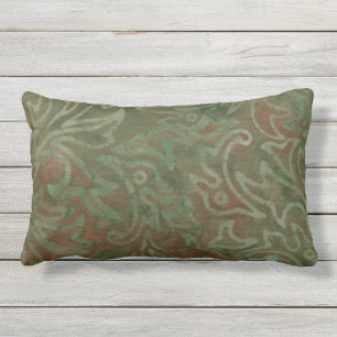 Cojín De Exterior Boho Batik Verde Patrón de Follaje Oxidado
