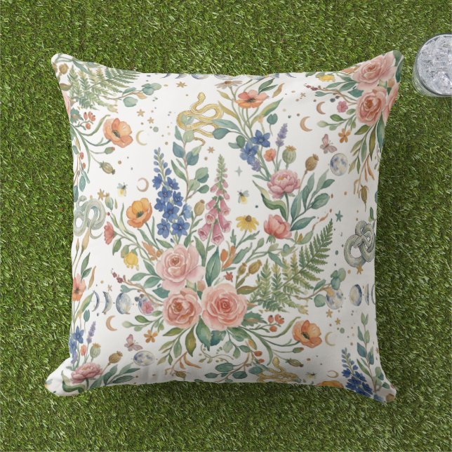 Cojín De Exterior Boho Floral Celestial Luna  & Serpientes Botánico (Césped)