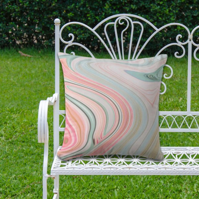 Cojín De Exterior brote de mármol verde de arcoiris rosa de la menta (blush pink coral mint green rainbow marble swirls outdoor pillow)