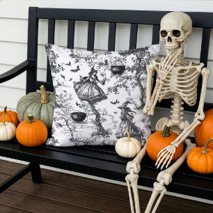 Cojín De Exterior Brujas de Halloween Toile de Jouy Negro Blanco