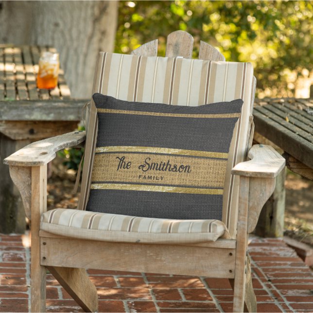Cojín De Exterior Burlap Rústico Brown Black Gold Personalizado Nomb (Silla)