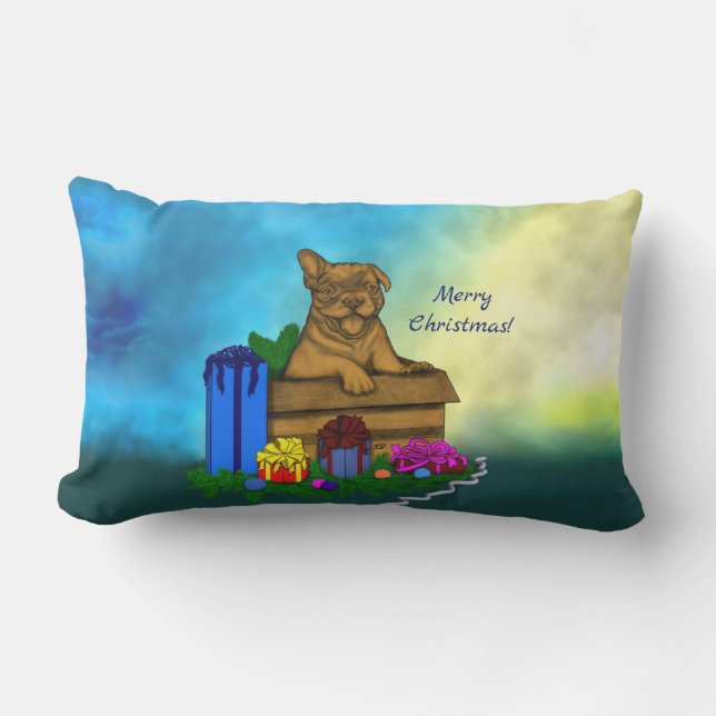 Cojín De Exterior Cachorro en una caja , Feliz Navidad (Anverso)