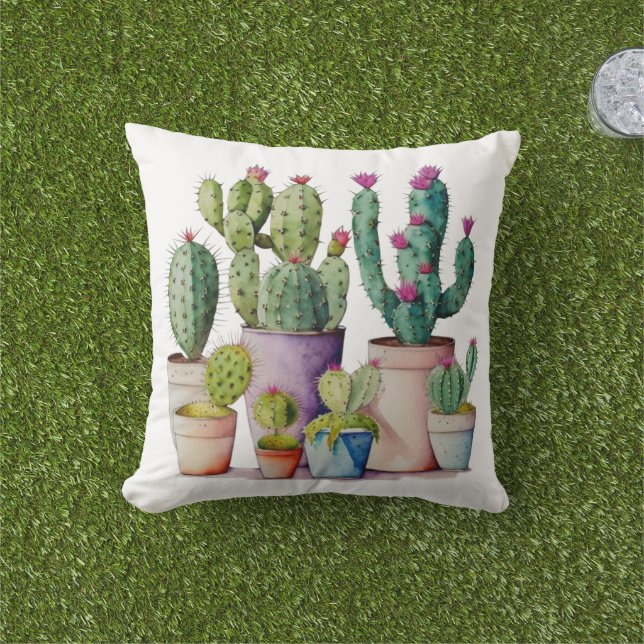 Cojín De Exterior Cactus cactus cutáneo de acuarela en macetas (Césped)