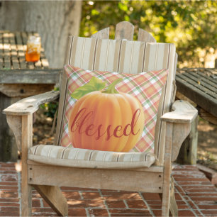 Cojín De Exterior Calabaza de cosecha de otoño bendita en Gingham
