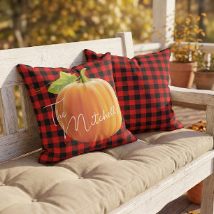 Cojín De Exterior Calabaza personalizada en patrón de cuadros rojos