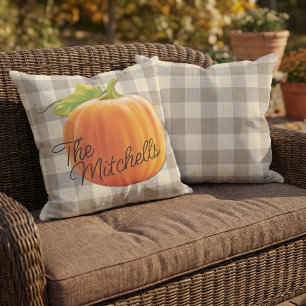 Cojín De Exterior Calabaza personalizada otoño beige patrón de gingh