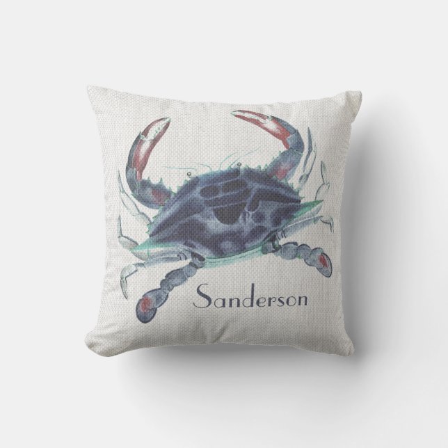 Cojín De Exterior Cangrejo azul marino acuarela costera (Anverso)