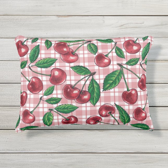 Cojín De Exterior Cerezas rojas en gingham rosa (Anverso)