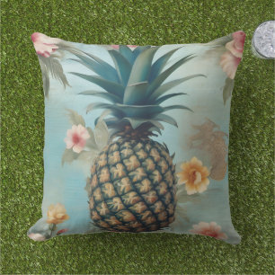 Cojín De Exterior Chic y Hermoso Arte de Piña Vintage azul acuático