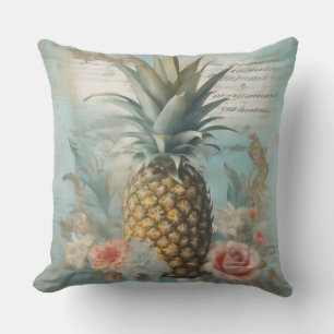 Cojín De Exterior Chic y Hermoso Arte Vintage Piña Azul acuático