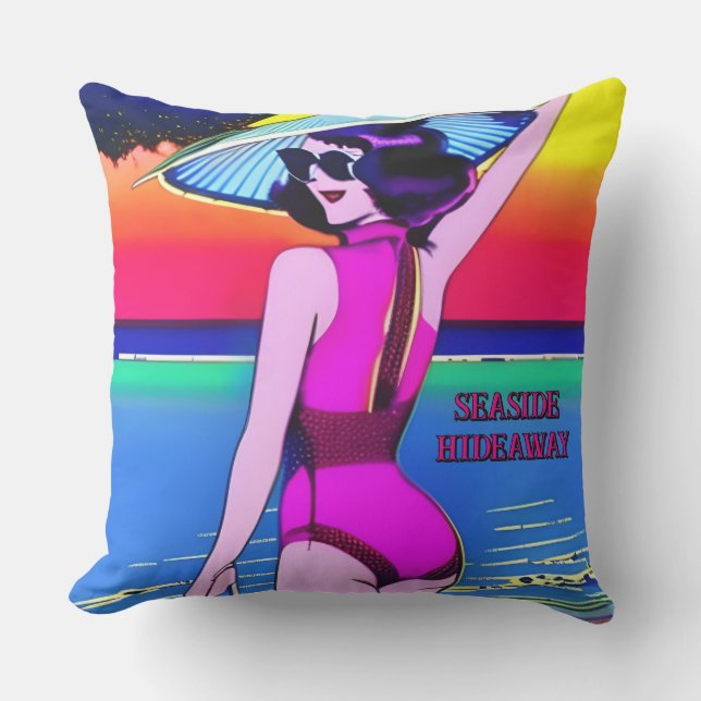 Cojín De Exterior Chica de baño Glam 1950 Textos editables (Anverso)