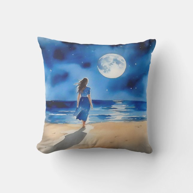 Cojín De Exterior Chica en la playa bajo una luna llena (Anverso)