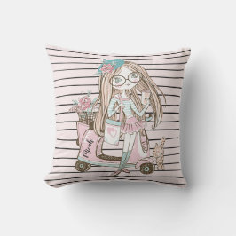 Cojín De Exterior Chica y gato con tiras de Scooter Nombre personali