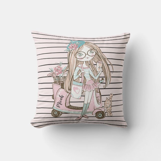 Cojín De Exterior Chica y gato con tiras de Scooter Nombre personali (Anverso)