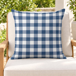 Cojín De Exterior Clásico Cuadro de Gingham Blanco y Azul Marino