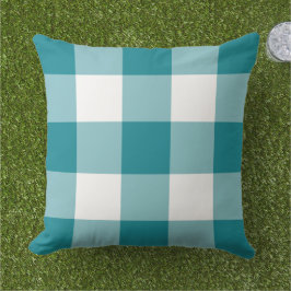 Cojín De Exterior Clásico Cuadro de Gingham Grande Blanco Turquesa