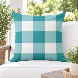 Cojín De Exterior Clásico Cuadro de Gingham Grande Blanco Turquesa