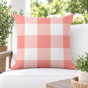 Cojín De Exterior Clásico Cuadro de Gingham Grande Coral Blanco