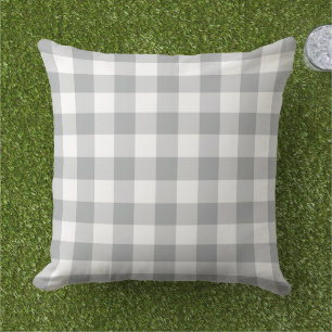 Cojín De Exterior Clásico Cuadro de Gingham Gris Blanco