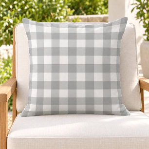 Cojín De Exterior Clásico Cuadro de Gingham Gris Blanco