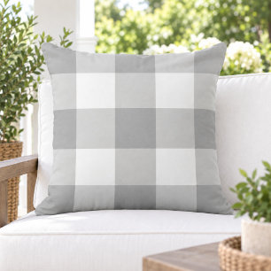 Cojín De Exterior Clásico Cuadro de Gingham Gris Blanco Grande