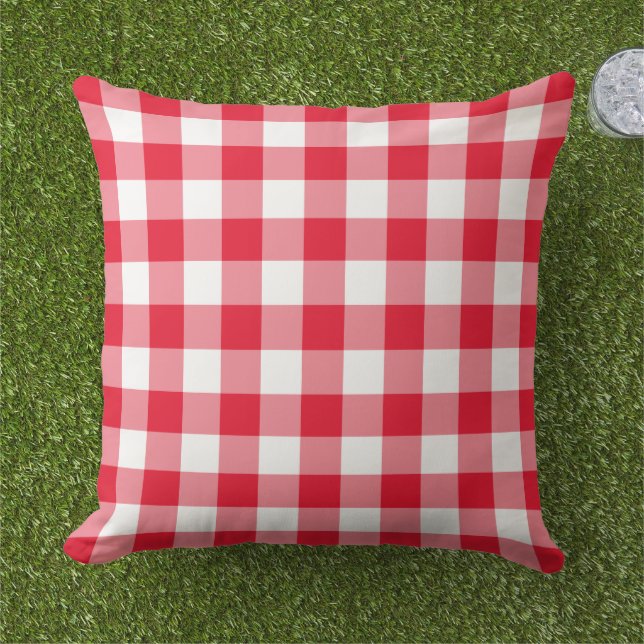 Cojín De Exterior Clásico Cuadro de Gingham Rojo Blanco (Césped)