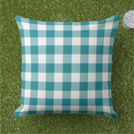 Cojín De Exterior Clásico Cuadro de Gingham Teal Blanco