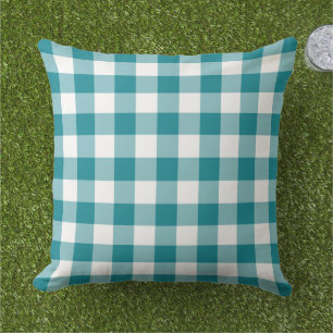 Cojín De Exterior Clásico Cuadro de Gingham Teal Blanco